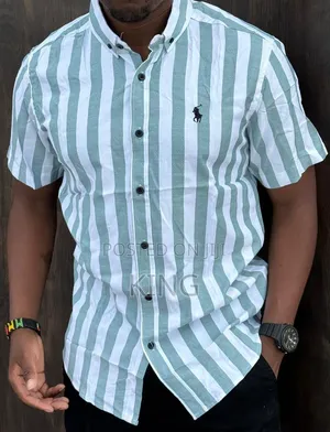 Men's Short-Sleeve Vertical-Striped Button-Down Casual Shirts
