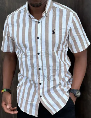 Men's Short-Sleeve Vertical-Striped Button-Down Casual Shirts