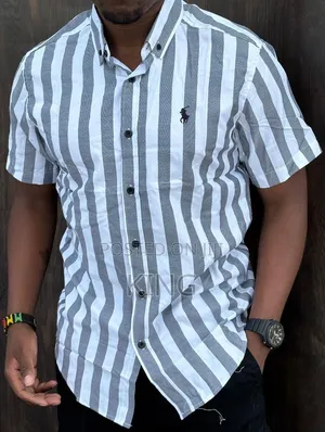 Men's Short-Sleeve Vertical-Striped Button-Down Casual Shirts