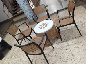 4-Seater Woven-Design Plastic Cafe Set With Black-Framed Chairs