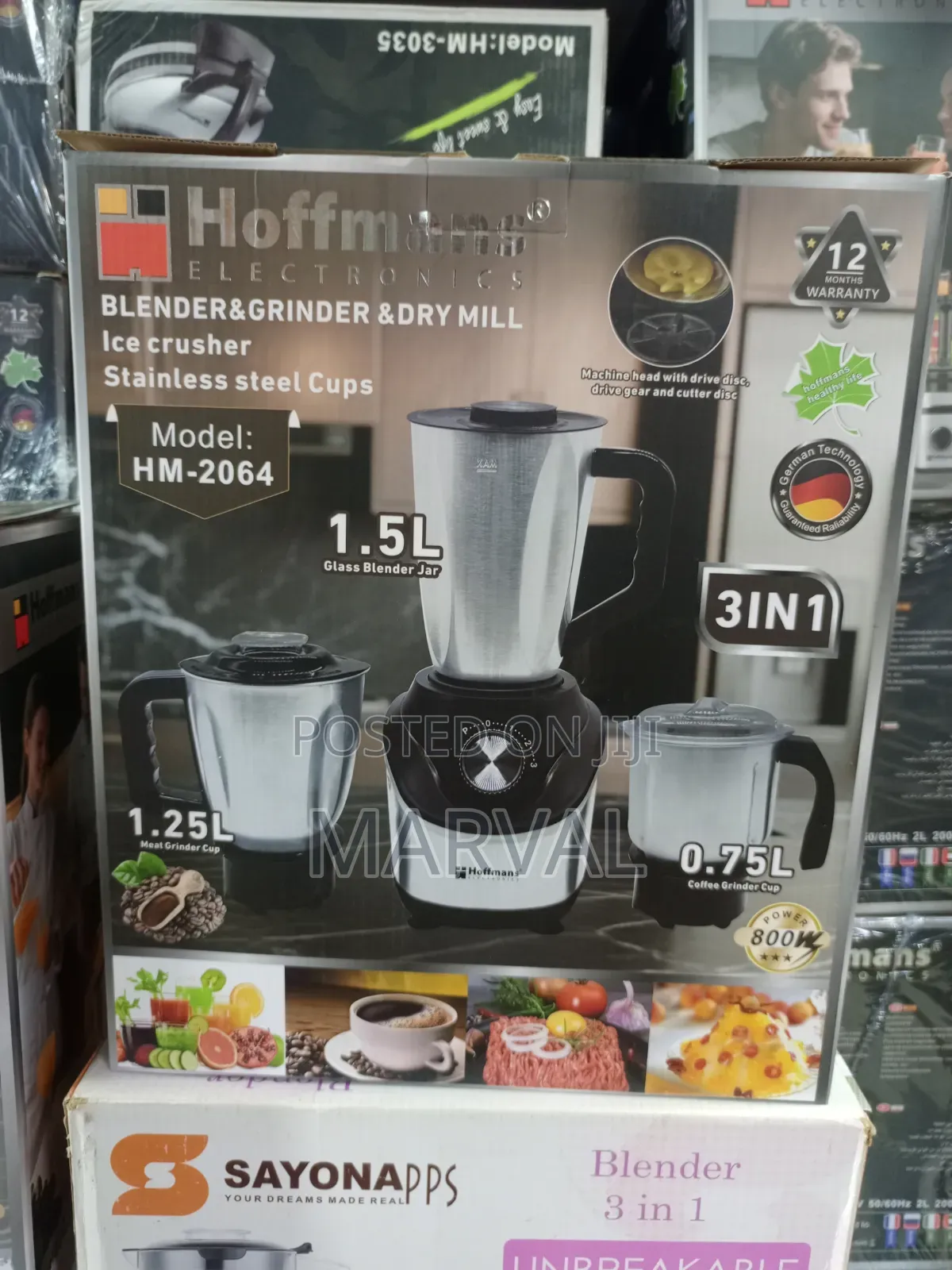 Hoffmans Electronics 3-in-1 Blender, Grinder, (Model: HM-2064).