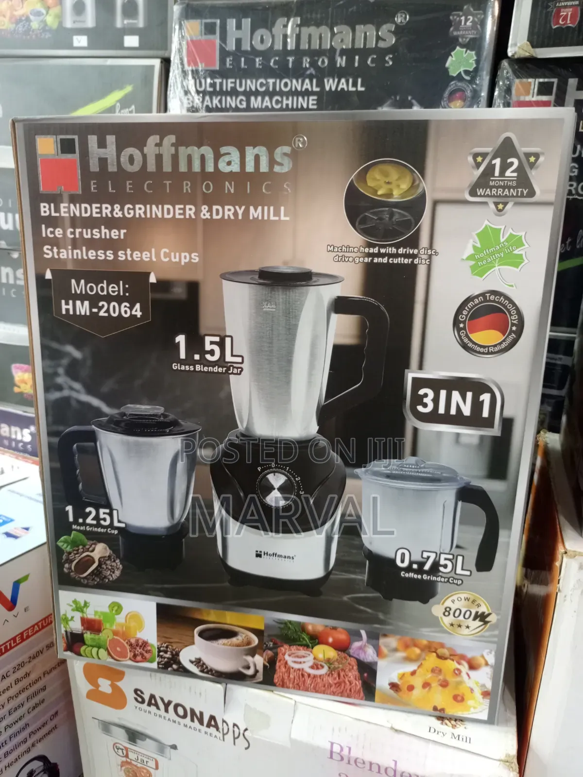 Hoffmans Electronics 3-in-1 Blender, Grinder, (Model: HM-2064).
