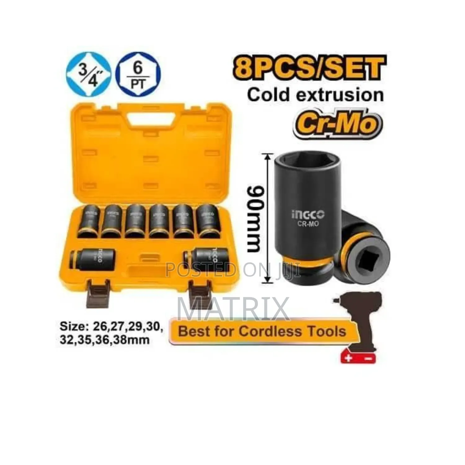 INGCO 8 PCS 3/4"dr. Deep Impact Socket Set