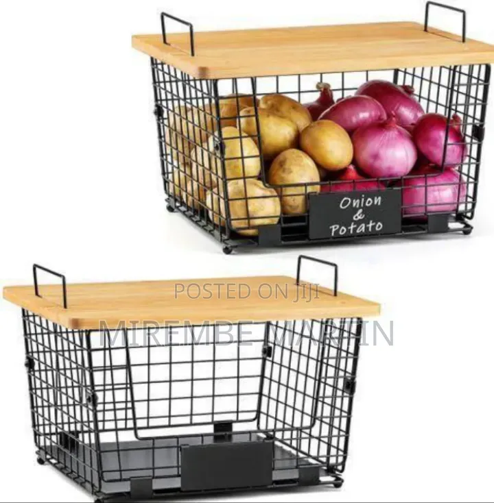 Versatile Stackable Wire Storage Baskets With Wooden Lids