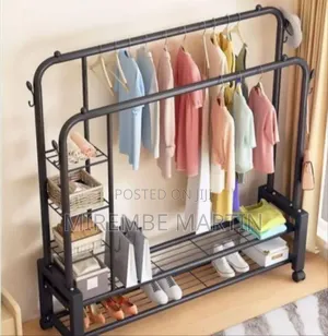 Multi-Functional Double Rail Garment Rack With Side Shelves