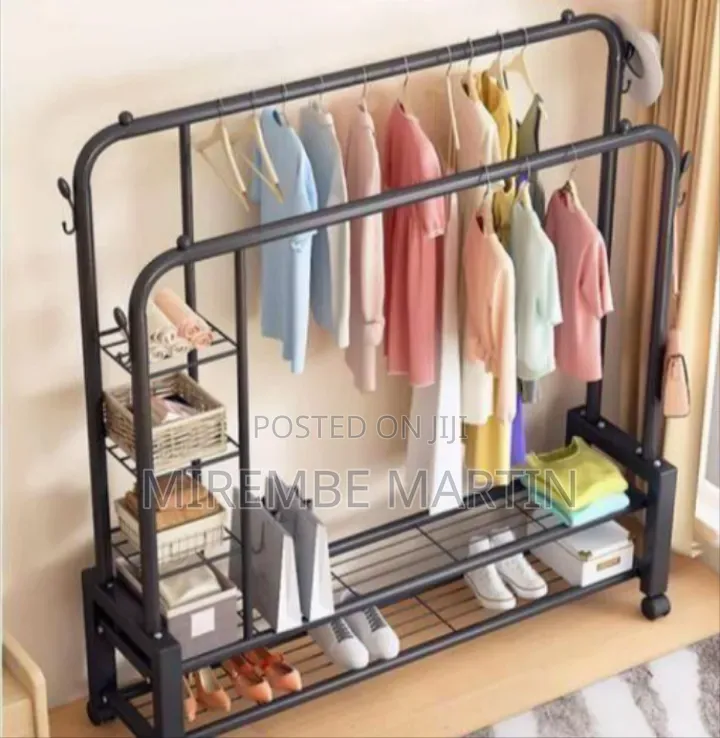 Multi-Functional Double Rail Garment Rack With Side Shelves