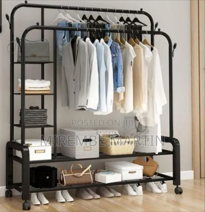 Multi-Functional Double Rail Garment Rack With Side Shelves
