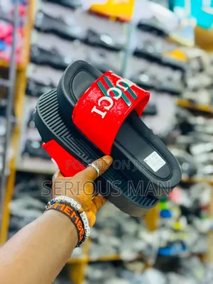 Gucci-Inspired Red and Black Rubber Slide Sandals.