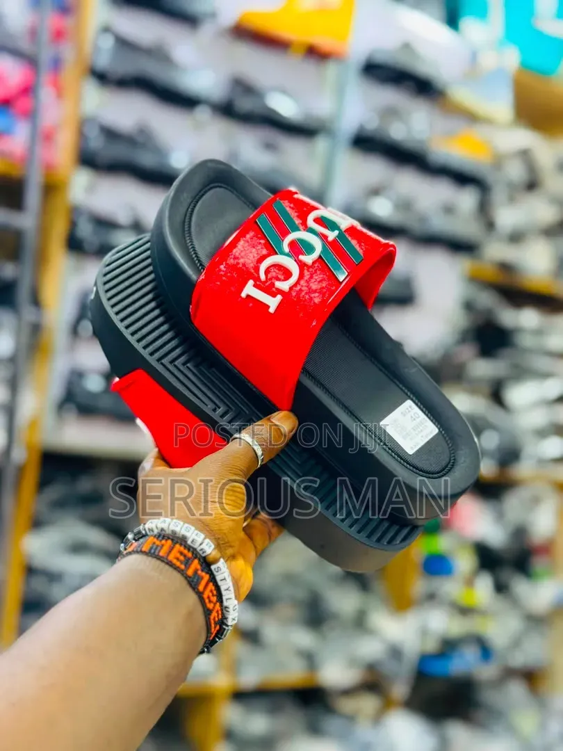 Gucci-Inspired Red and Black Rubber Slide Sandals.