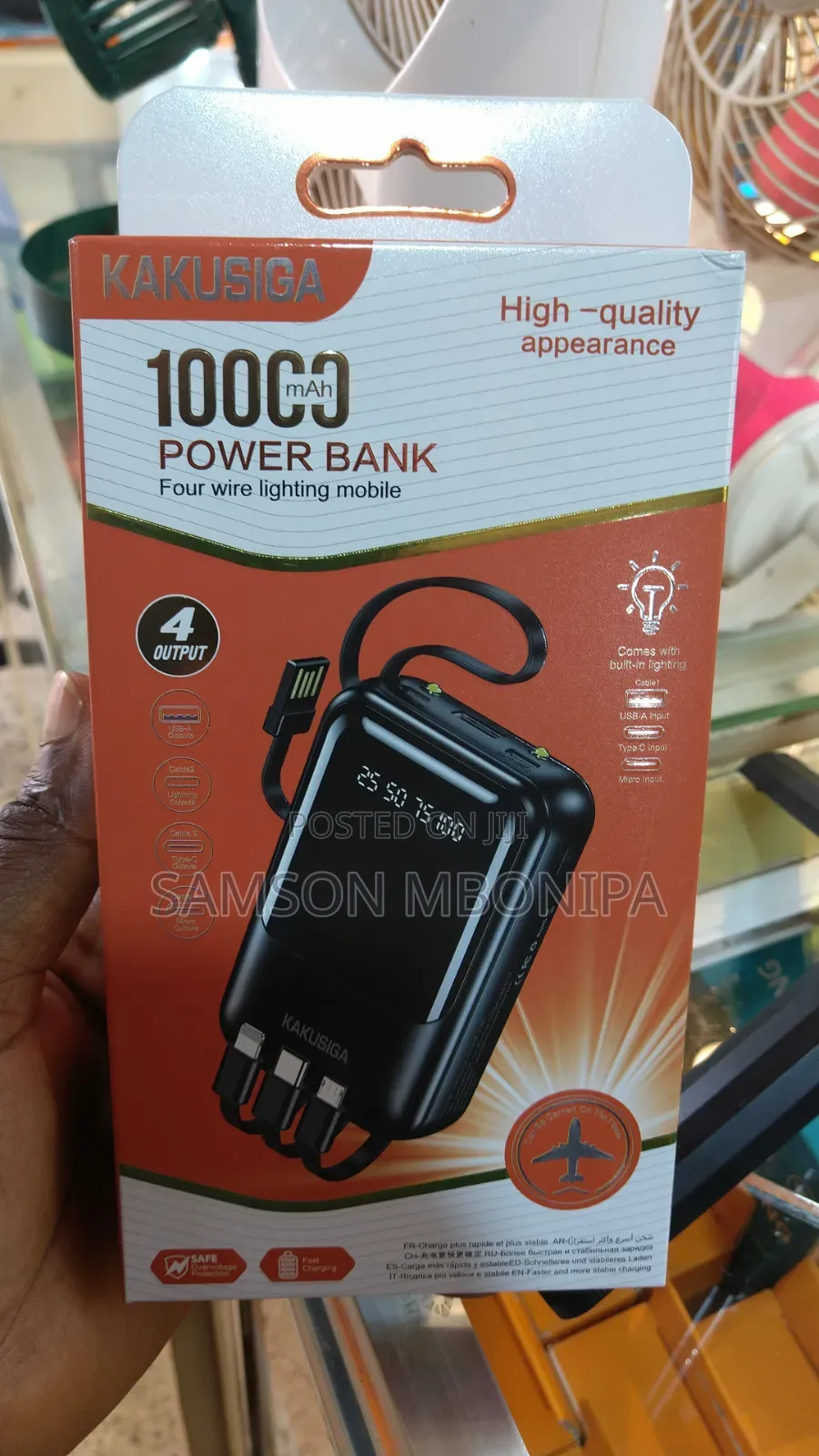 10000mAh Fast Charging 4 Way Powerbank With Light - Black