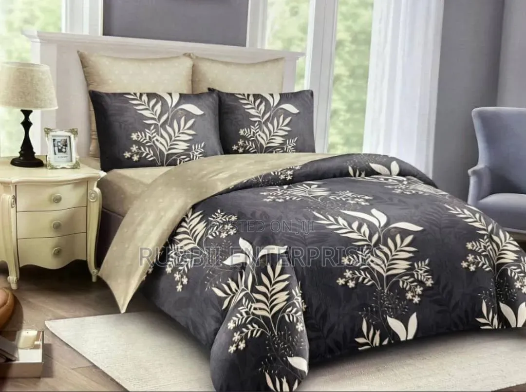 Bedcover (Charcoal-and-Cream Botanical Leaf Print)