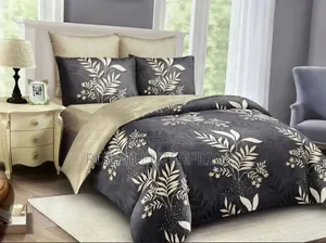Bedcover (Charcoal-and-Cream Botanical Leaf Print)
