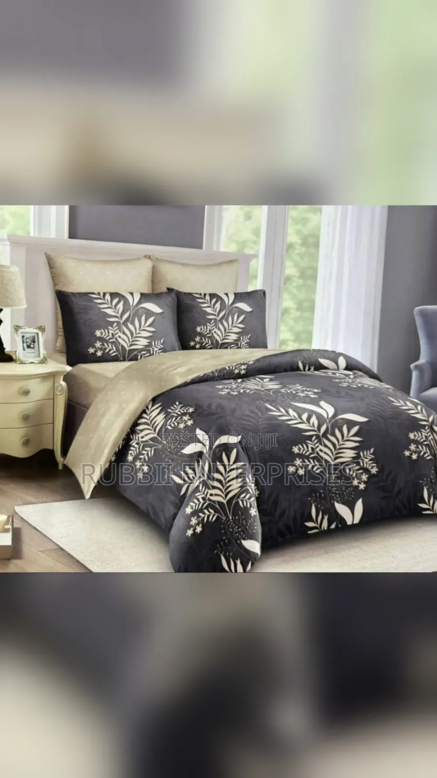 Bedcover (Charcoal-and-Cream Botanical Leaf Print)