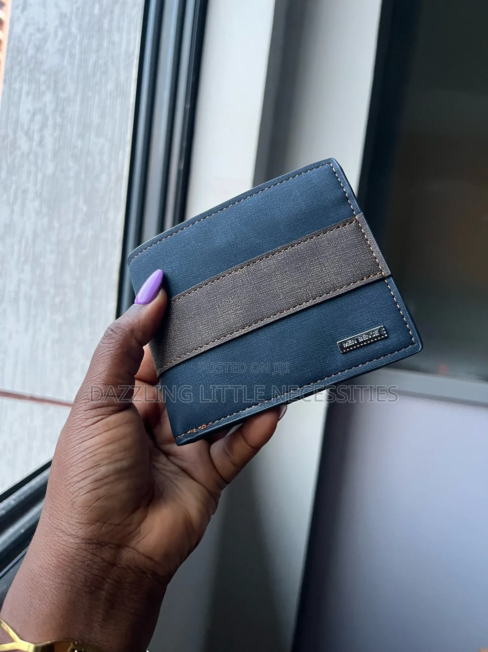 MenBense Men’s Wallet - Navy Blue With Brown Stripe