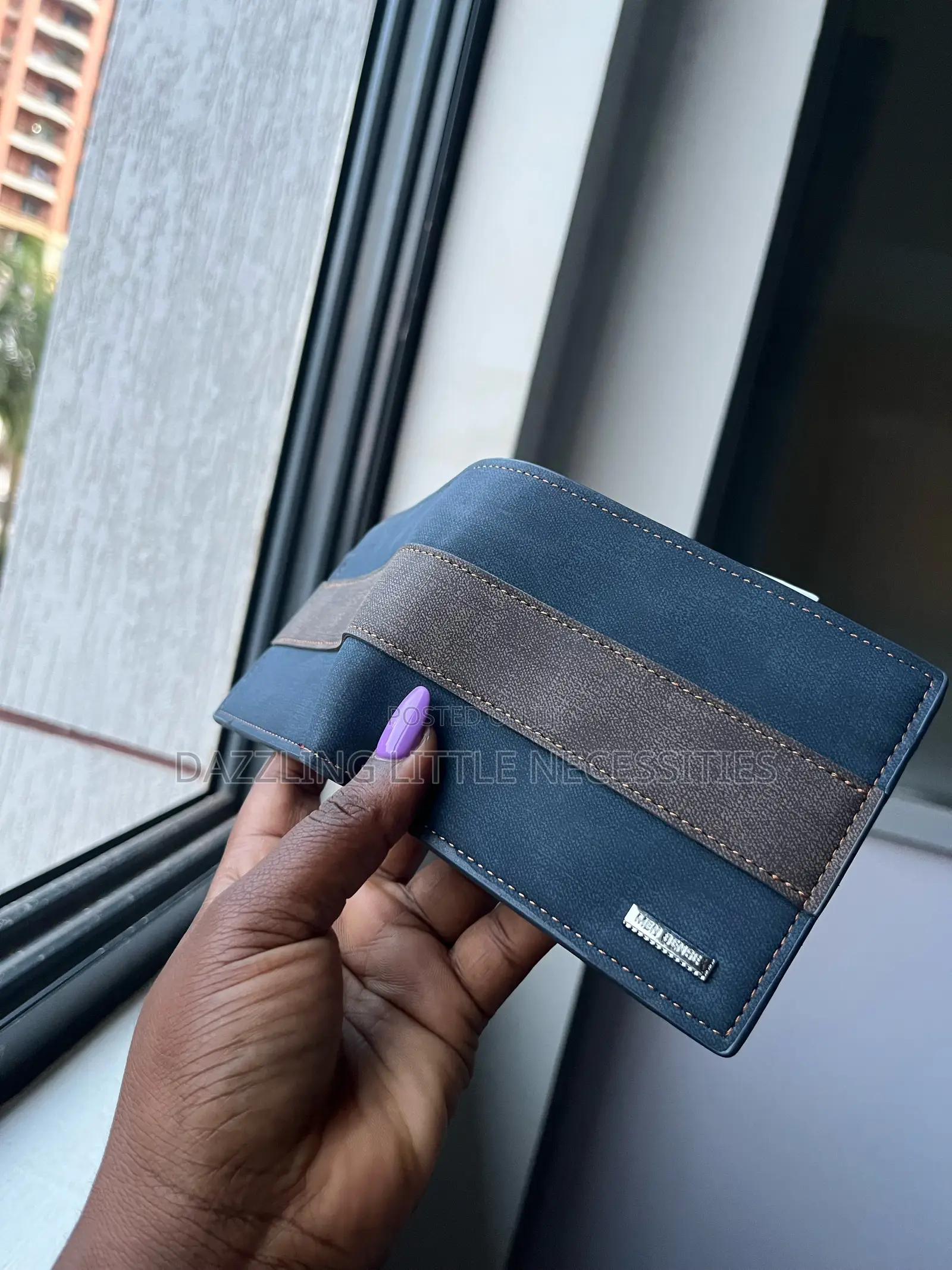 MenBense Men’s Wallet - Navy Blue With Brown Stripe