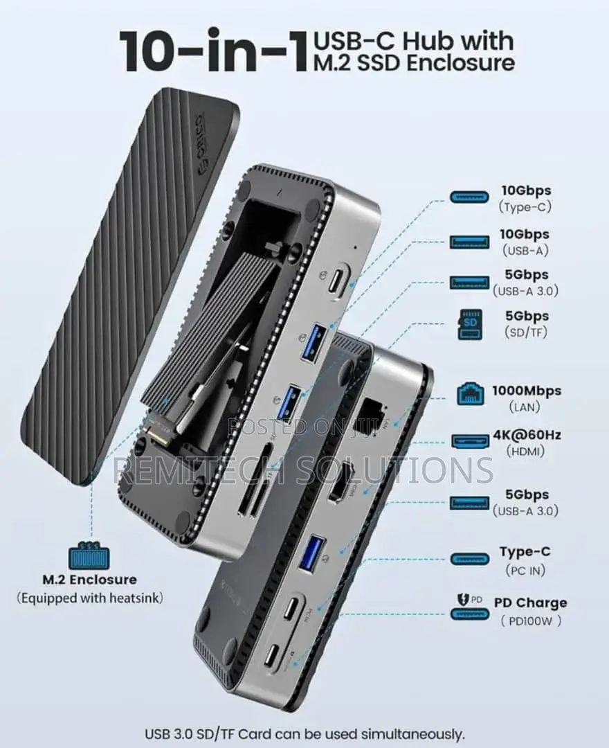 ORICO 10-in-1 USB-C Docking Station/M.2 SSD Enclosure, M.2 NVMe