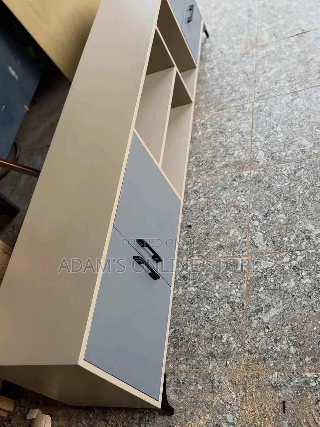 Cream White TV Stand Unit With Grey Drawers