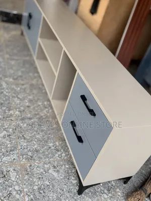 Cream White TV Stand Unit With Grey Drawers