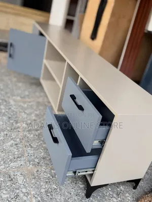 Cream White TV Stand Unit With Grey Drawers