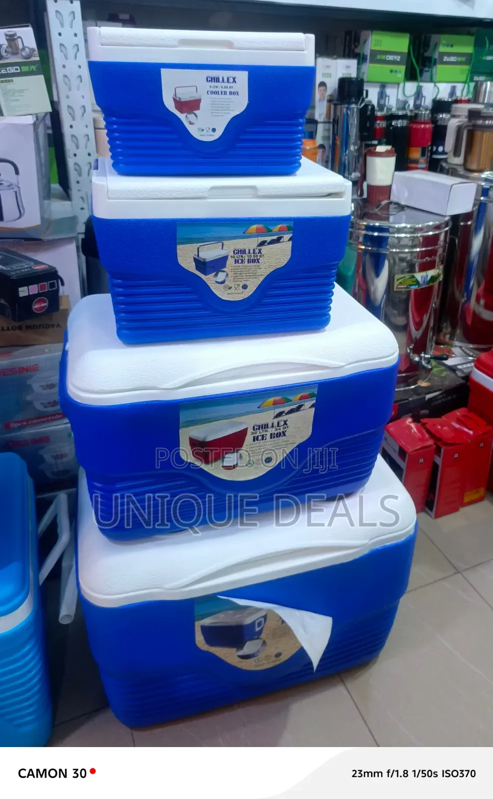 Stacked Set of Blue and White Chillex Ice Box Coolers