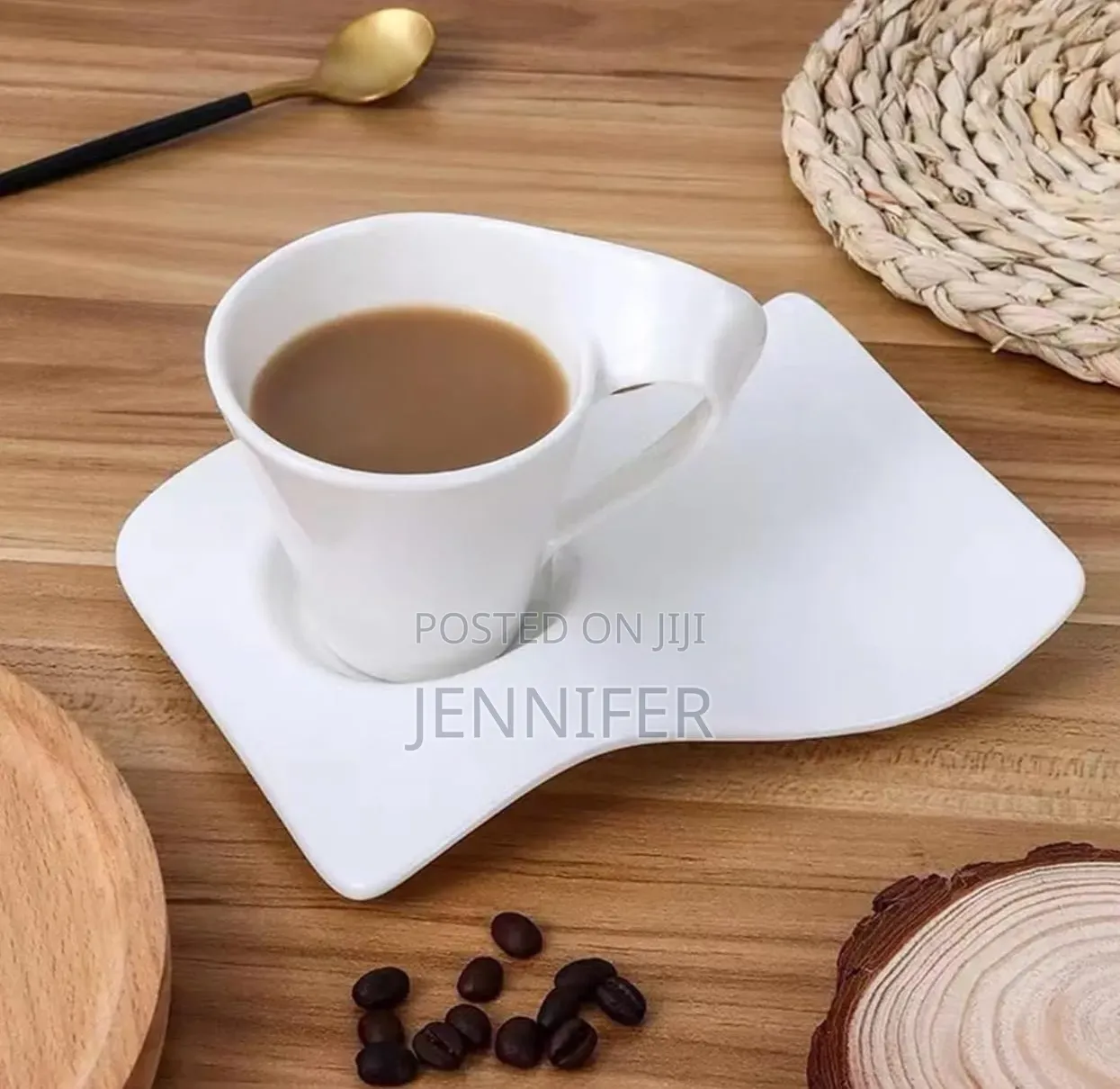 6pcs White Ceramic Wave-Shape Coffee Cup and Asymmetrical Saucer Set