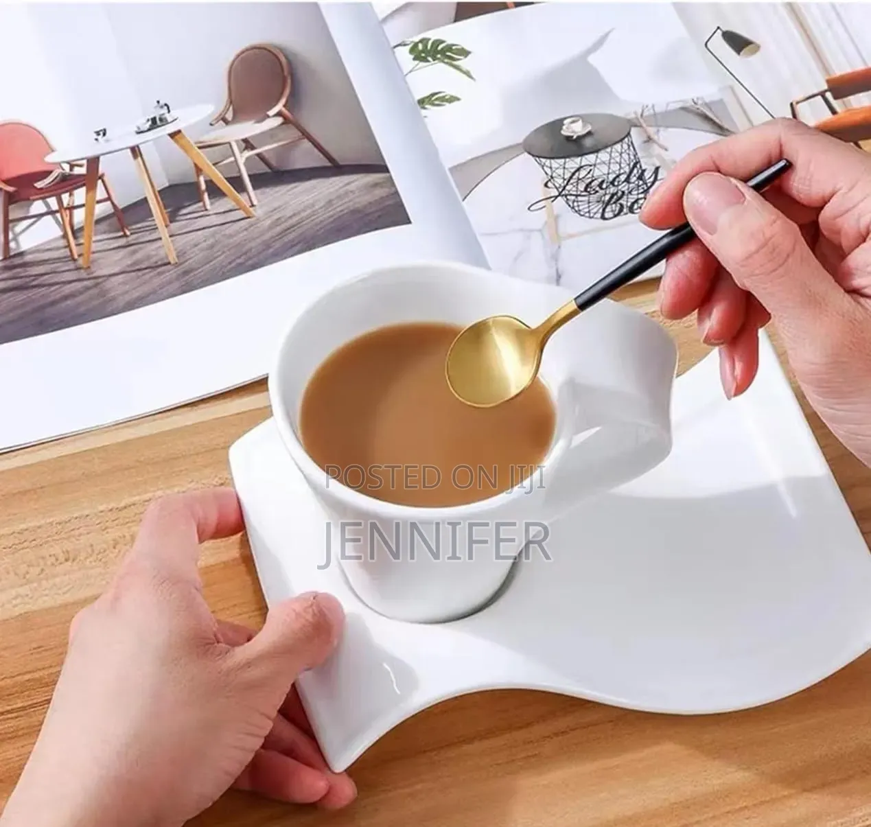 6pcs White Ceramic Wave-Shape Coffee Cup and Asymmetrical Saucer Set