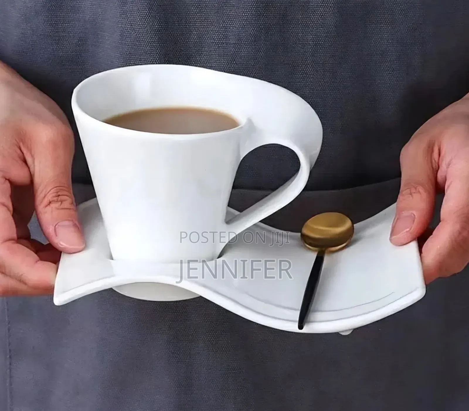 6pcs White Ceramic Wave-Shape Coffee Cup and Asymmetrical Saucer Set