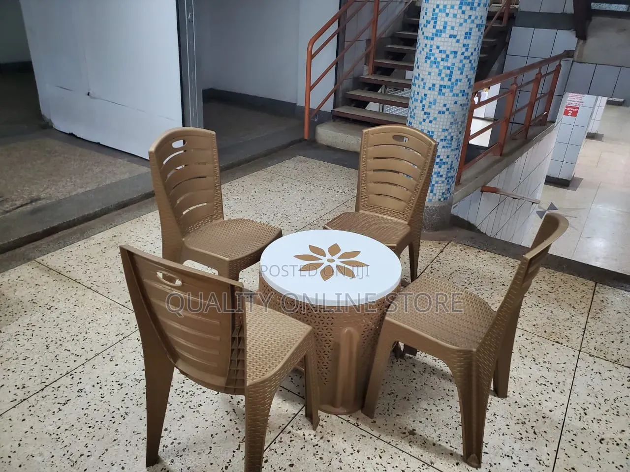 Brown Plastic Chairs and Flower Table for Bars Dining Coffee