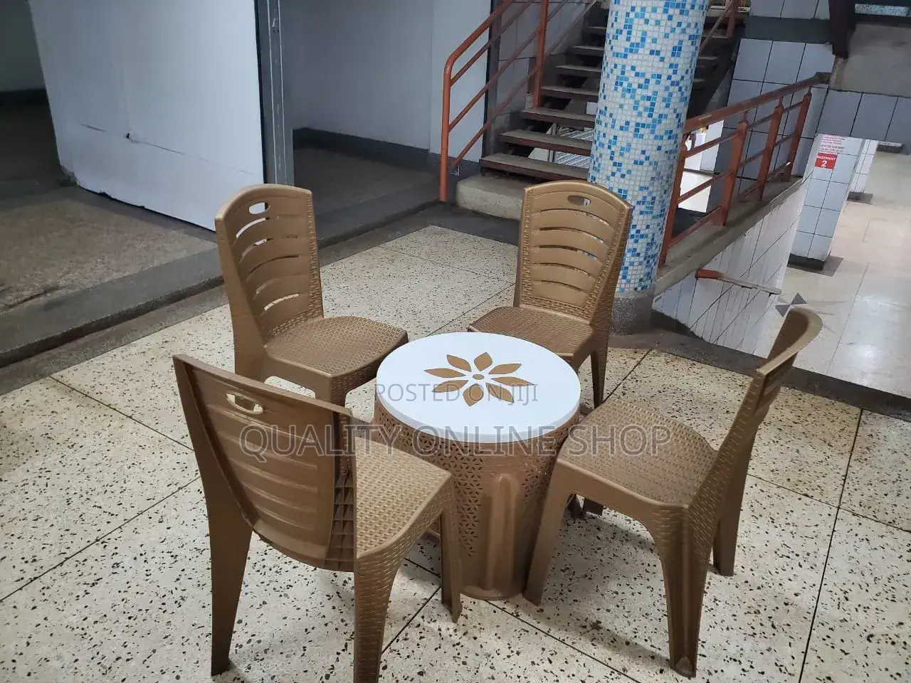 Brown Plastic Chairs and Flower Table for Bars Dining Coffee