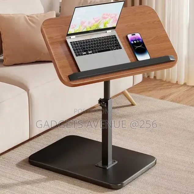 Adjustable-Height Rolling Laptop Stand Features a Warm Walnut-Finish