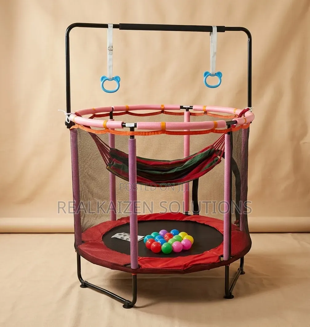 Kids Indoor Trampoline With Safety Enclosure Net Gymnastic Rings