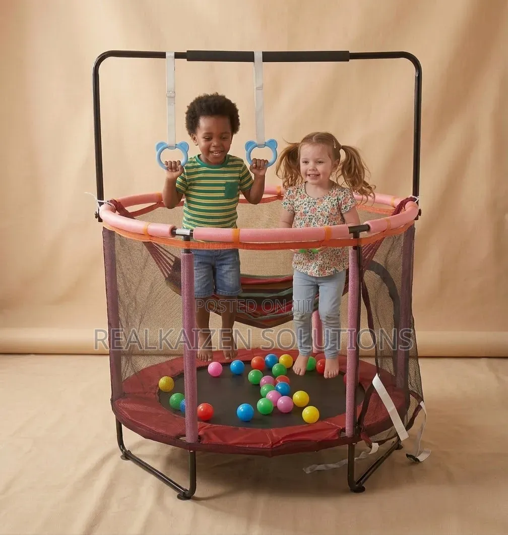 Kids Indoor Trampoline With Safety Enclosure Net Gymnastic Rings