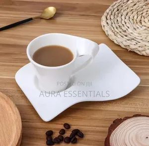 6pcs White Ceramic Wave-Shape Coffee Cup and Asymmetrical Saucer Set