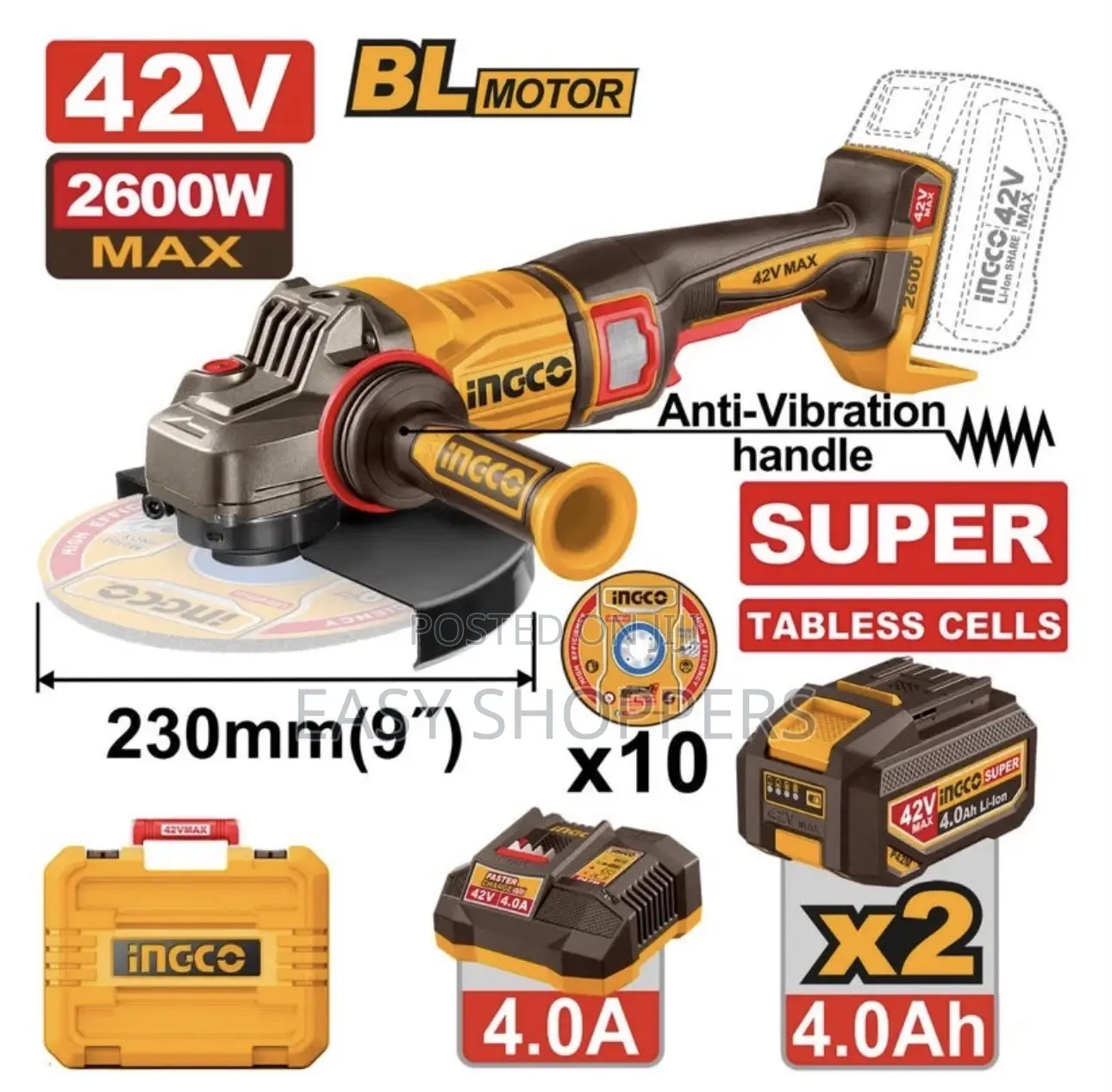 Ingco Cordless Angle Grinder 42v 2 Batteries 4amps 230mm 2600W