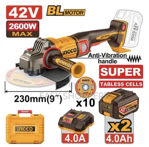 Ingco Cordless Angle Grinder 42v 2 Batteries 4amps 230mm 2600W