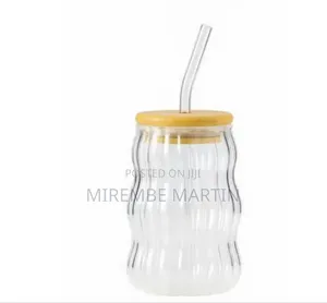 Wave Ripple Glass Drinking Tumbler With Wooden Lid and Glass Straw