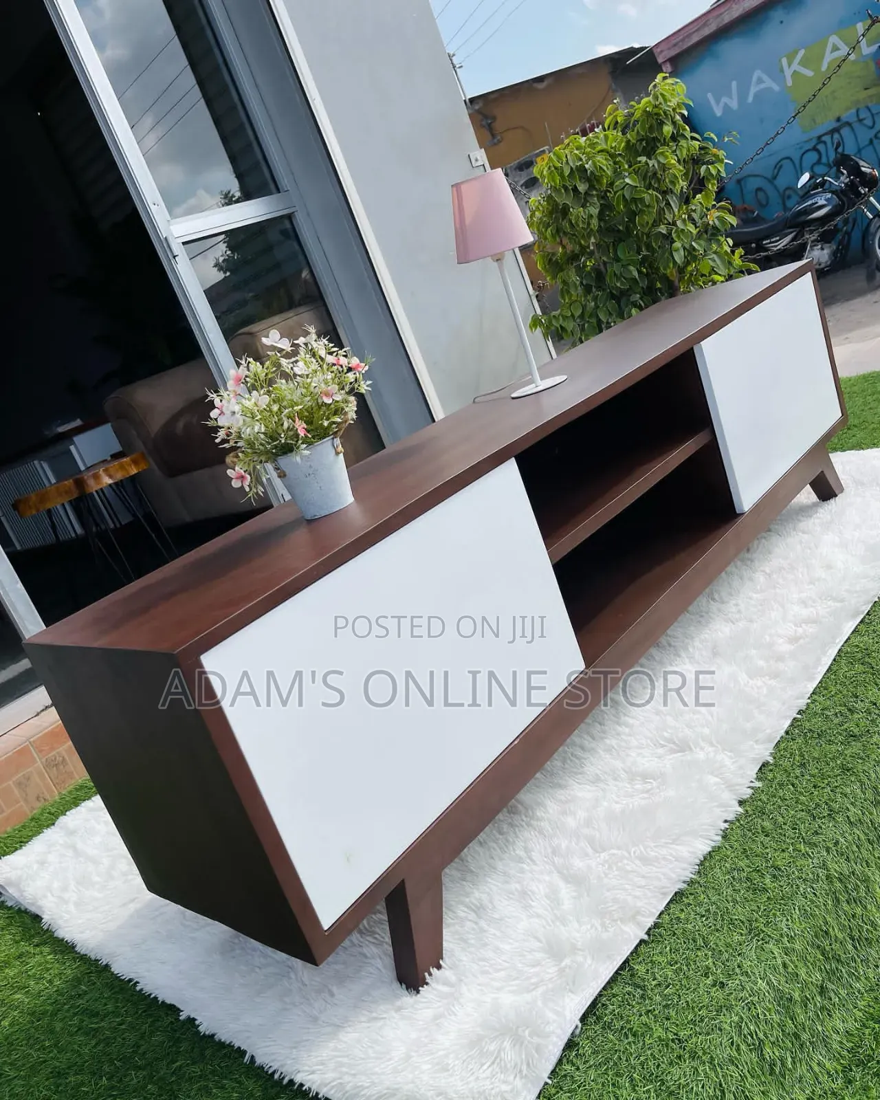 Brown TV Stand Unit With White Doors