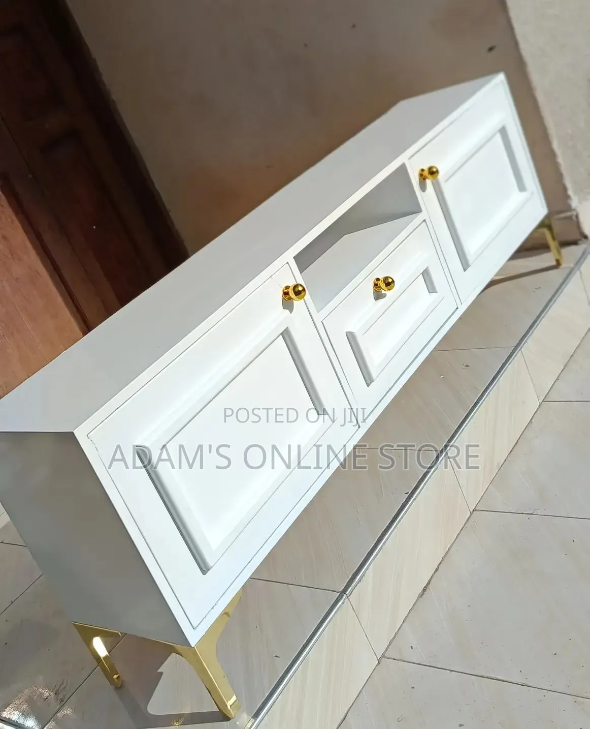 TV Stand Unit White and Gold Stand