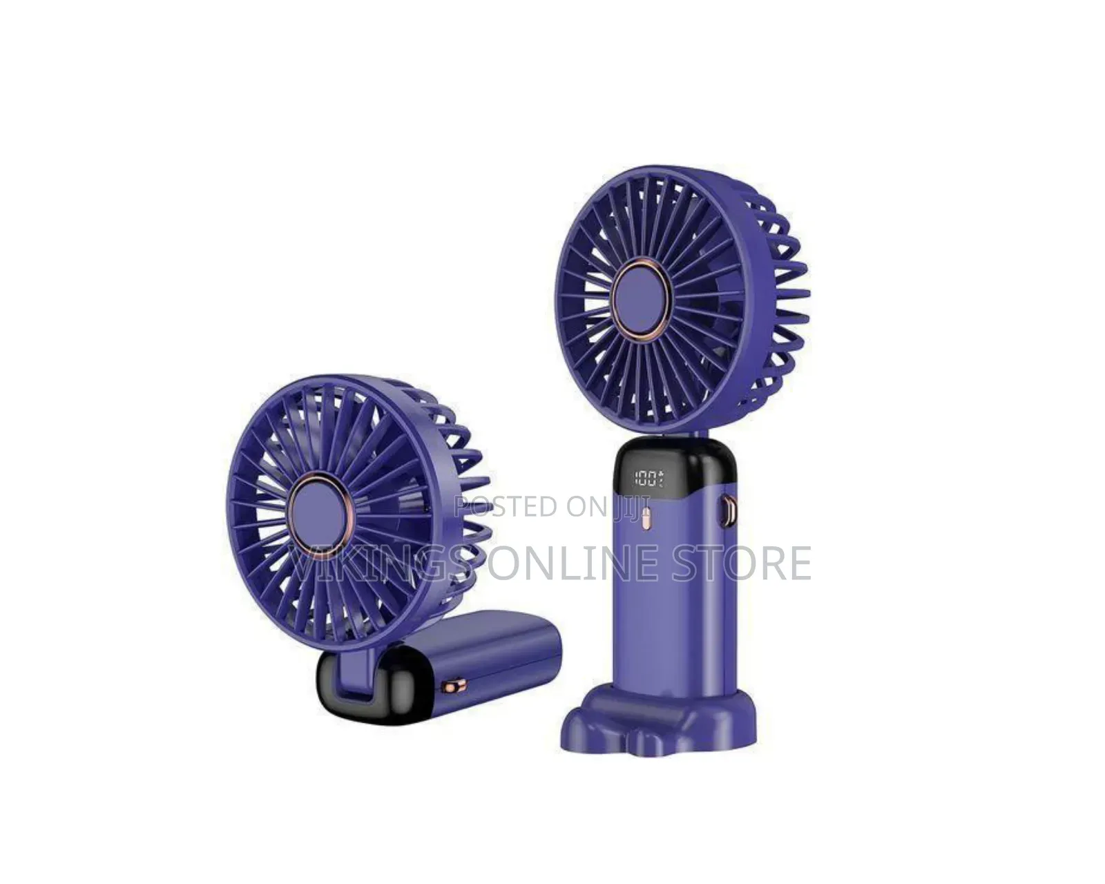 A Purple Foldable Mini Handheld Fan Featuring a Digital Display