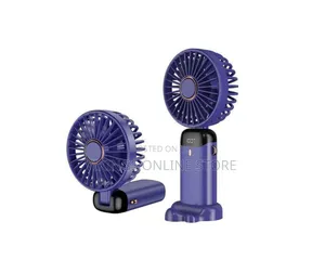A Purple Foldable Mini Handheld Fan Featuring a Digital Display