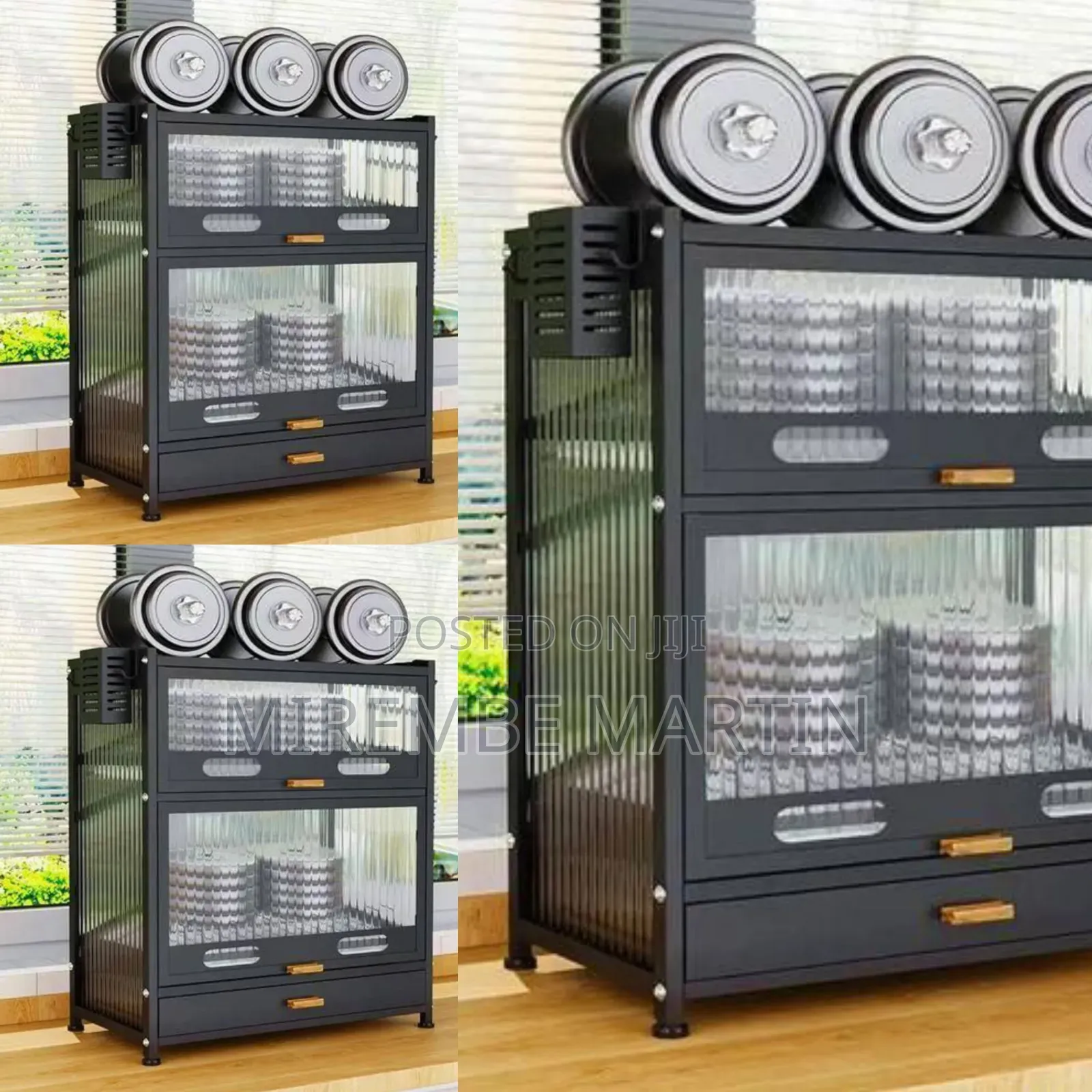 Modern Black Kitchen Storage Cabinet With Fluted Glass Doors