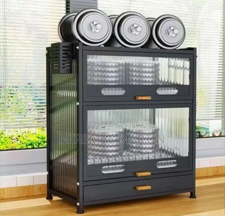 Modern Black Kitchen Storage Cabinet With Fluted Glass Doors