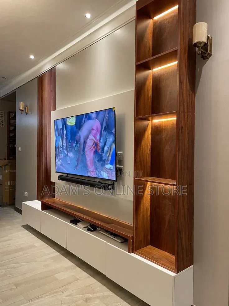 Wall Mounted TV Stand Unit in White and Mahogany