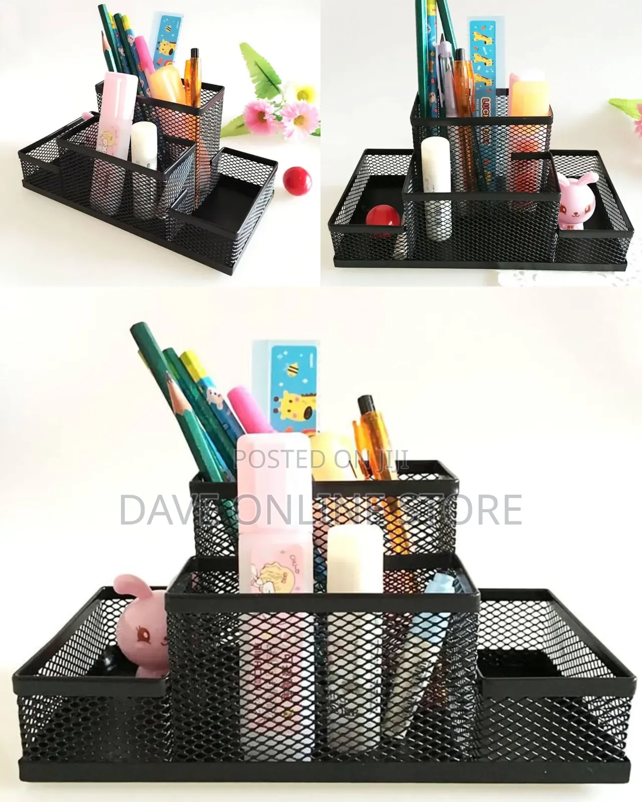 Black Metal Mesh Desk Organizer Features Three Upright Compartments