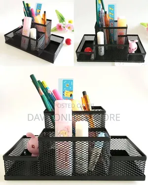 Black Metal Mesh Desk Organizer Features Three Upright Compartments