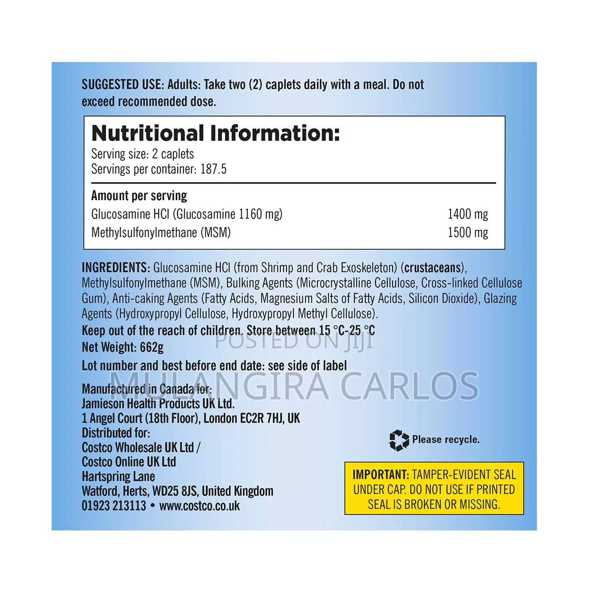 Kirkland Glucosamine, HCI, 1500 Mg, With MSM. (375 Tablets)