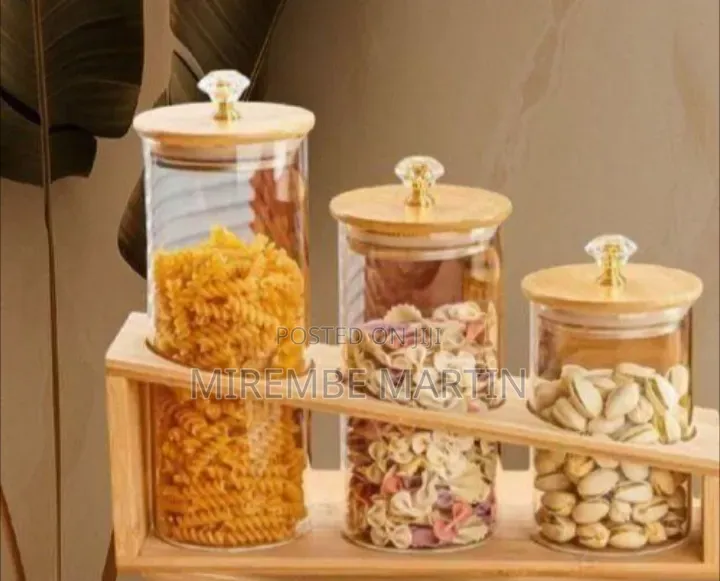 Elegant Three-Piece Diamond-Top Glass Storage Set With Bamboo Stand