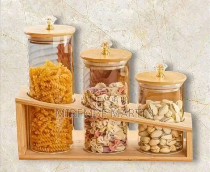 Elegant Three-Piece Diamond-Top Glass Storage Set With Bamboo Stand