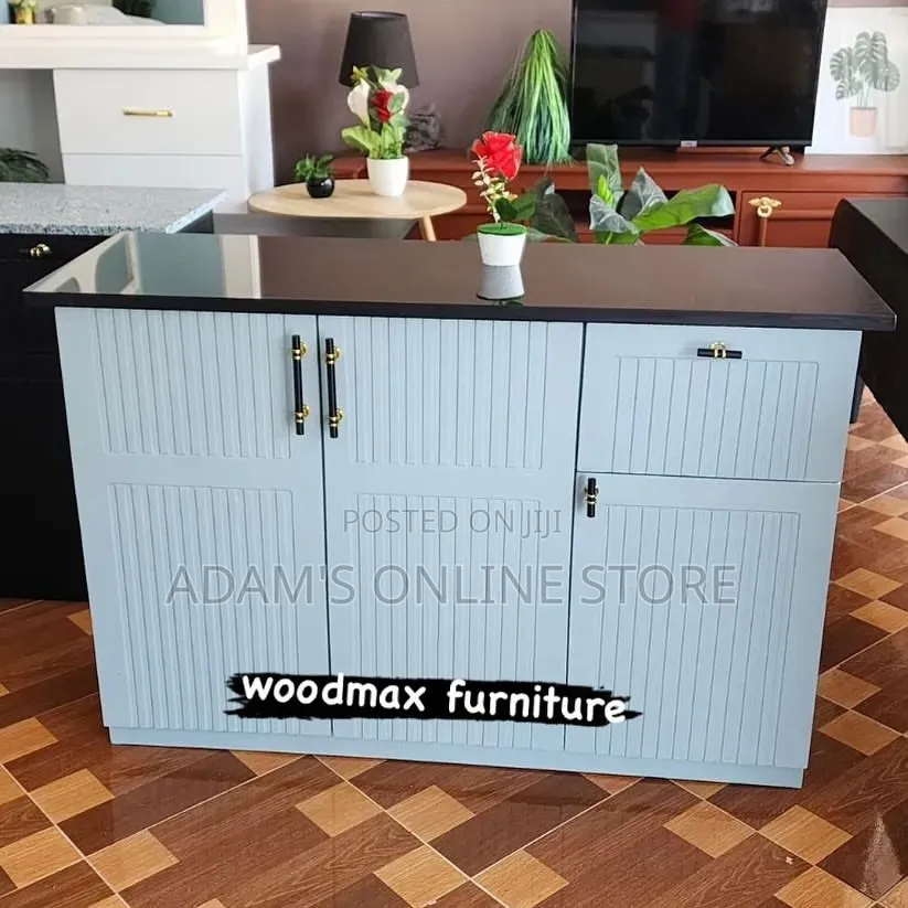 Wwhite Kitchen Cabinet With Black Glass on Top 4/3ft Height