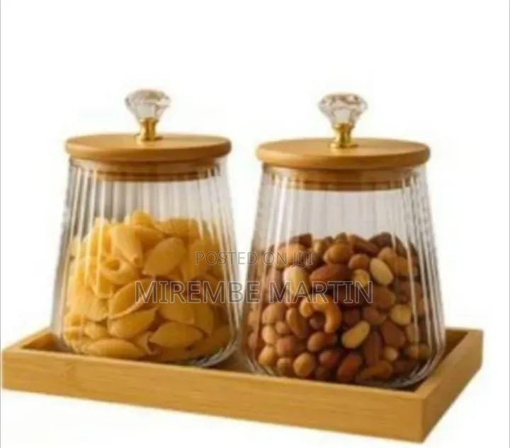 Set of Two Fluted Glass Storage Jars With Bamboo Tray and Crystal